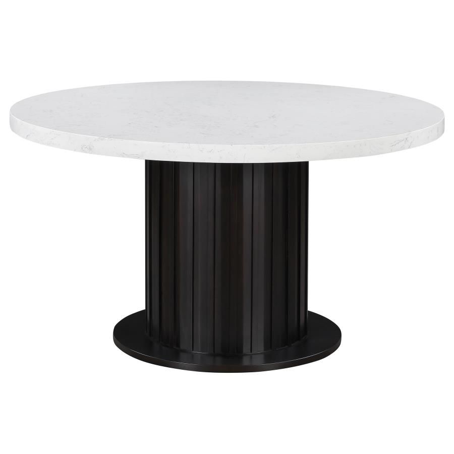 Sherry Round Marble Top Dining Table With Rustic Espresso Pedestal Base - 54-Inch Modern Dining Table For Contemporary Interiors