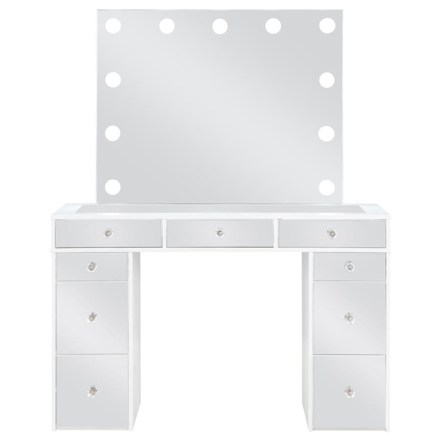 Regina Makeup Vanity Table Set with Lighting – White Finish, 9 Drawers, Mirrored Fronts, Crystal Knobs, Gray Upholstered Stool, Bedroom Vanity