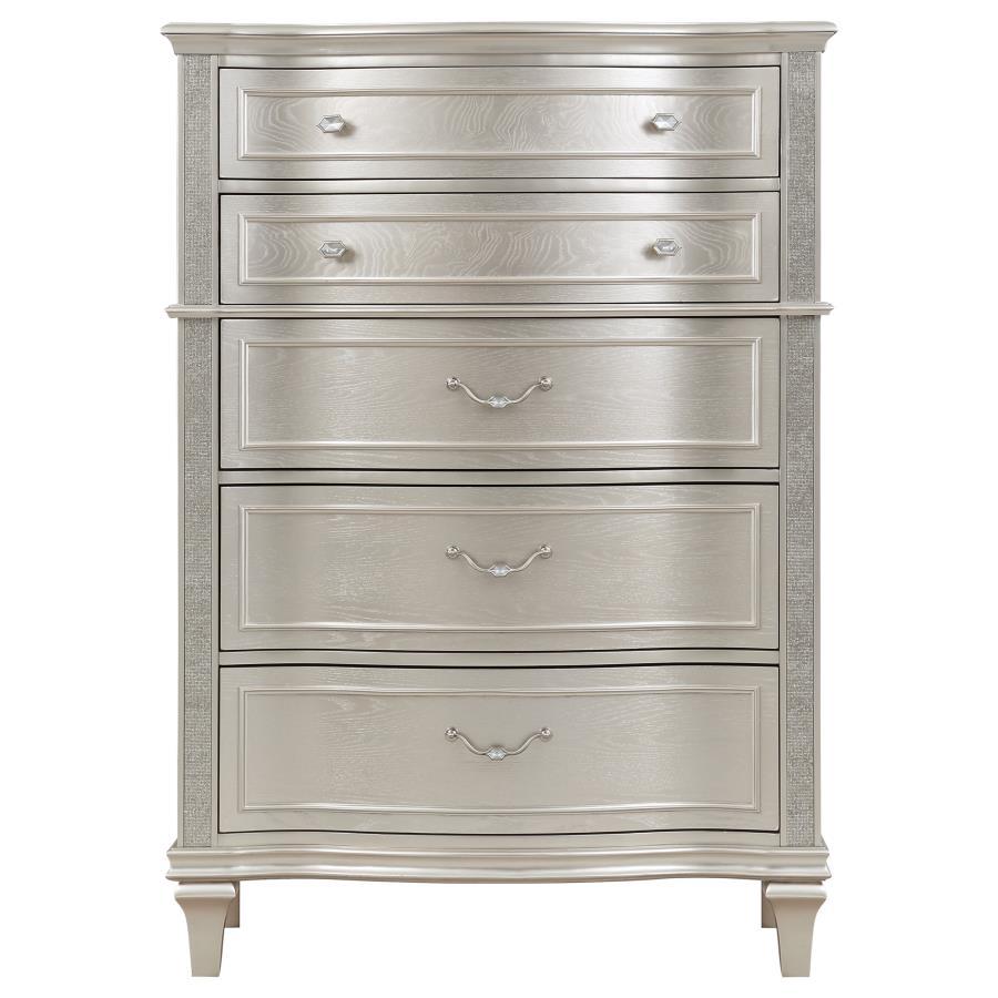 Evangeline 6-Drawer Bedroom Chest – Silver Oak, Tall Glam Dresser with Wavy Facade, Felt-Lined Top Drawer, Hexagon Hardware, Modern Luxury