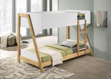 Wyatt Wood Twin Over Twin Bunk Bed – White and Natural Finish with Guard Rails, Attached Ladder, and Modern Space-Saving Design for Kids
