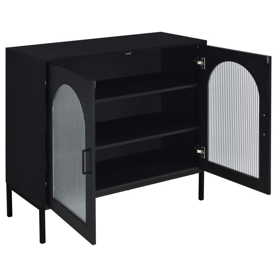 Jess 2-Door Arched Fluted Glass Accent Cabinet – Black Modern Sideboard with Adjustable Shelves, Tempered Glass Doors, and Sleek Metal Legs