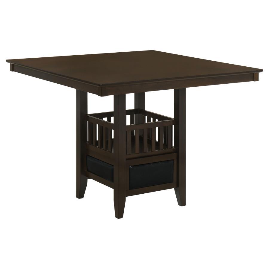 Jaden 5-Piece Square Counter Height Dining Set in Espresso – Table with Built-In Storage, Wine Glass Holder & 4 Upholstered Black Vinyl Stools