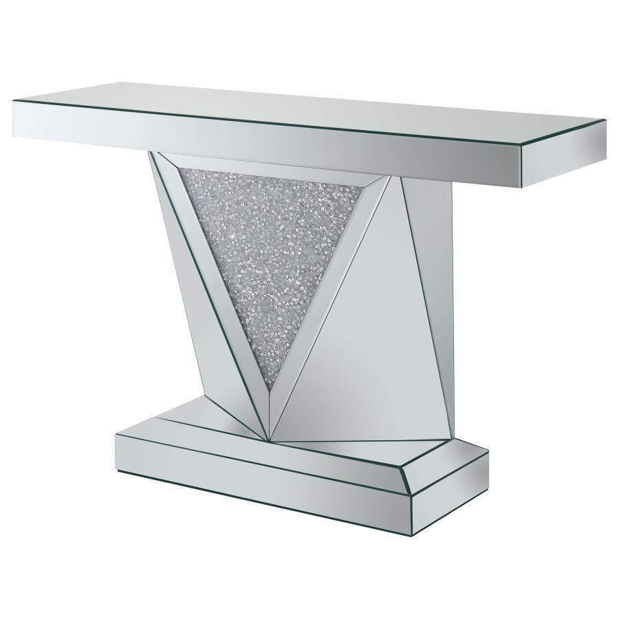 Amore Mirrored Acrylic Entryway Sofa Console Table in Silver – Modern Geometric Design with Crystal Inlay and Reflective Surfaces