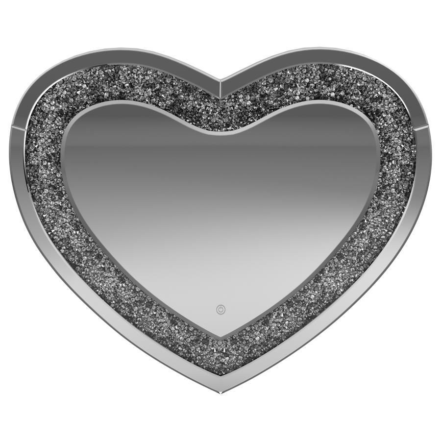 Aiko Heart Shaped LED Light Wall Mirror – Silver with Faceted Crystal Inlay, Smoky Glass Finish, Glam Accent for Bedroom, Vanity, or Dressing Area