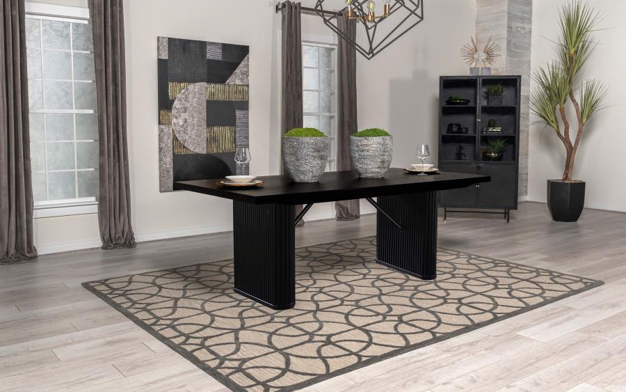 Catherine Rectangular Wood Dining Table in Sleek Black Finish with Elegant Oak Veneer Top, Fluted Tambour Pedestal Base for Modern Luxury Dining Spaces