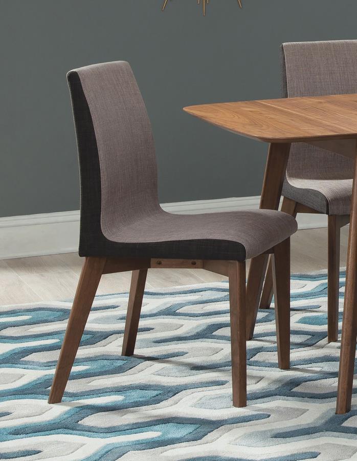 Redbridge Upholstered Dining Side Chairs (Set of 2) – Natural Walnut Legs, Grey Fabric, Sleek Curves, Transitional Mid-Century Design
