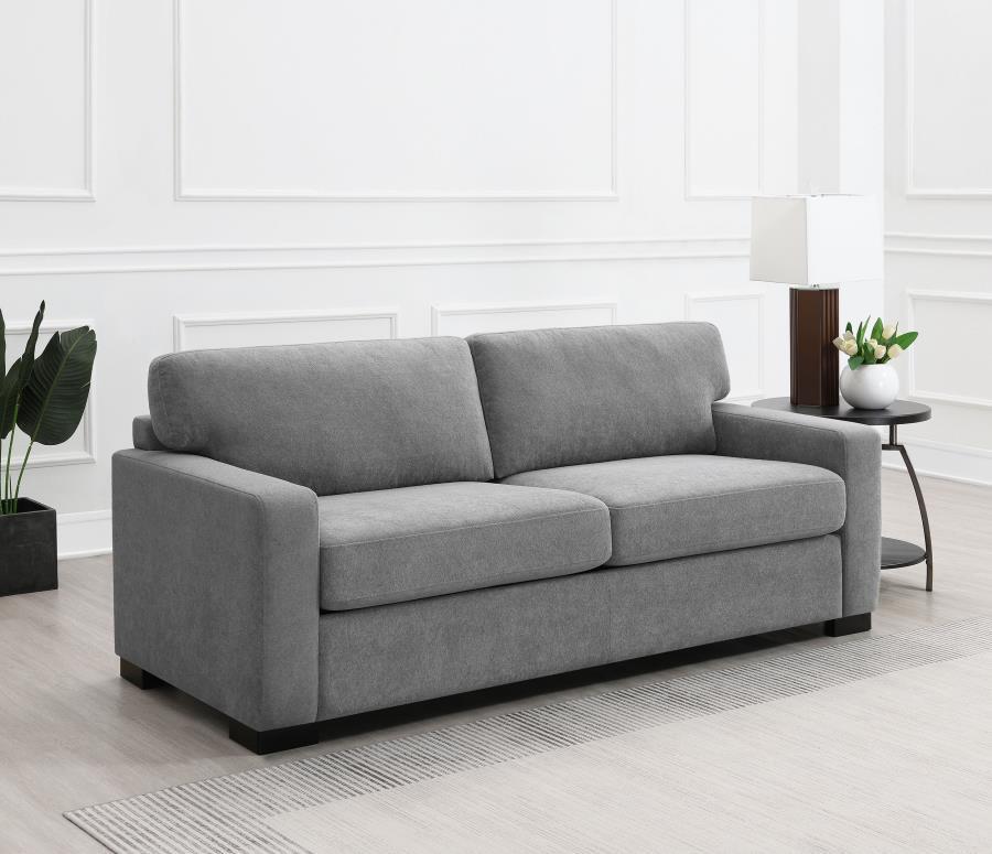 Simpson Upholstered Sofa Sleeper With Queen Mattress – Gray, Convertible Pull-Out Bed, Plush Foam Cushions, Modern Track Arm Sofa for Living Room