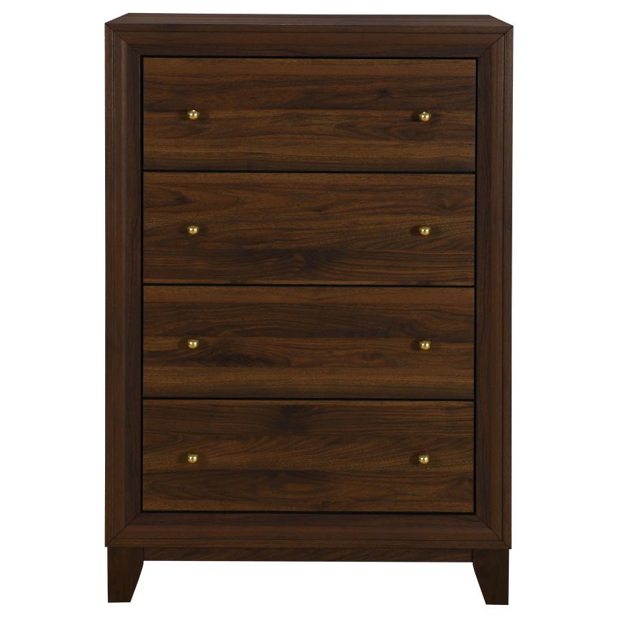 Welsley 4-Drawer Chest of Drawers – Walnut Finish with Gold Knobs, Scratch-Resistant Engineered Wood, Modern Bedroom Storage Solution