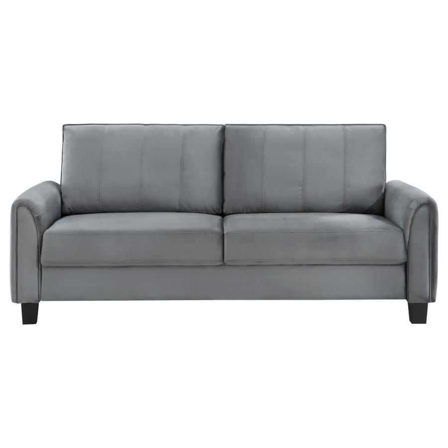 Davis Upholstered Rolled Arm Sofa – Gray Velvet-Like Fabric, Reversible Back Cushions, Pleated Arms, Block Feet, Modern Living Room Sofa