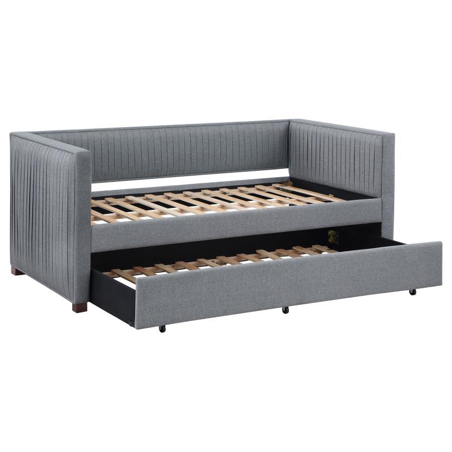 Brodie Upholstered Twin Daybed with Pull-Out Trundle in Gray Fabric – Modern Pleated Design, Versatile Sofa Bed with Black Finish Feet