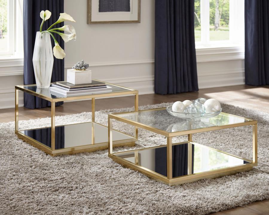 Renee 2 Piece Square Coffee Table Set in Rose Brass – Contemporary Nesting Accent Tables with Modern Metal Frames and Sleek Geometric Design