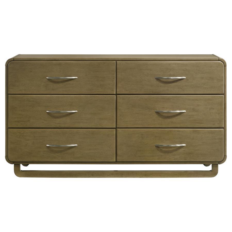 Amsbury 6-Drawer Dresser Cabinet in Nutmeg Finish with Rounded Corners, Matte Nickel Hardware, Metal Glides, and Solid Hardwood Frame