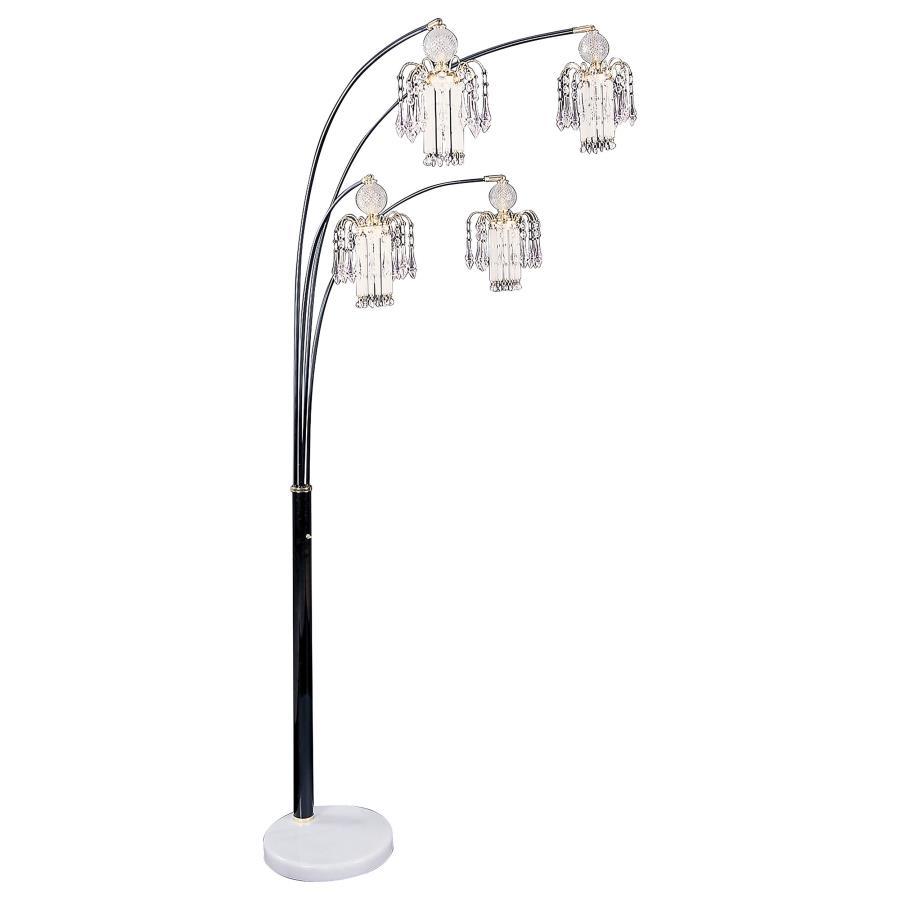 Maisel Hanging Crystal Arc Tree Floor Lamp in Black – Modern Elegant Lighting with Five Shimmering Crystal Arms, Chrome Stand, Dimmer Switch & White Base