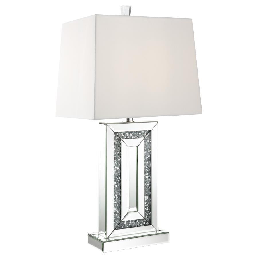 Ayelet Tapered Shade Mirrored Table Lamp in Silver – Crystal Accent Base with Beveled Mirror Panels and White Fabric Shade for Glamorous Modern Lighting