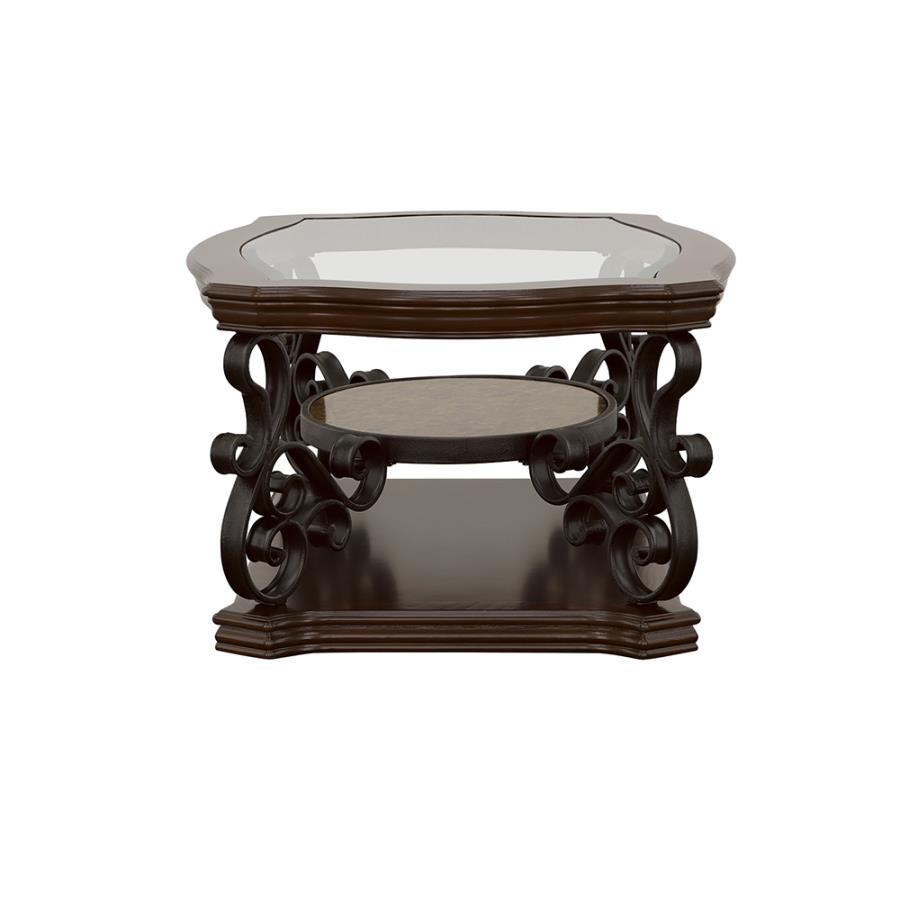 Laney 1-Shelf Glass Top Rectangular Coffee Table - Deep Merlot Wood Finish, Tempered Glass, Metal Scrollwork & Lower Display Shelf