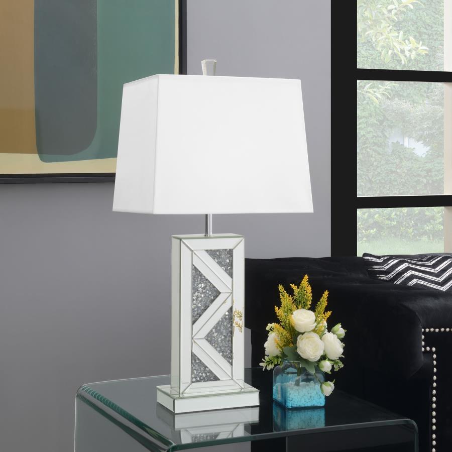 Carmen Tapered Shade Mirrored Table Lamp – Silver Modern Accent Lamp with Reflective Base and Elegant Shade for Living Room or Bedroom