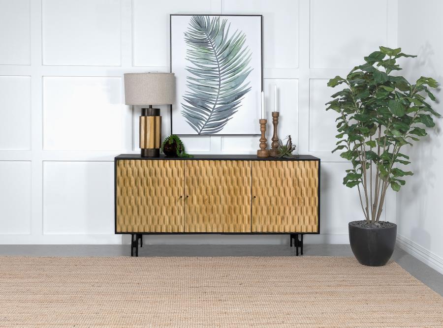Aminah 3-Door Wood Accent Cabinet – Natural Mango Wood with Black Finish, 3D Tile Carved Doors, Modern Storage Cabinet for Living Room & Bedroom