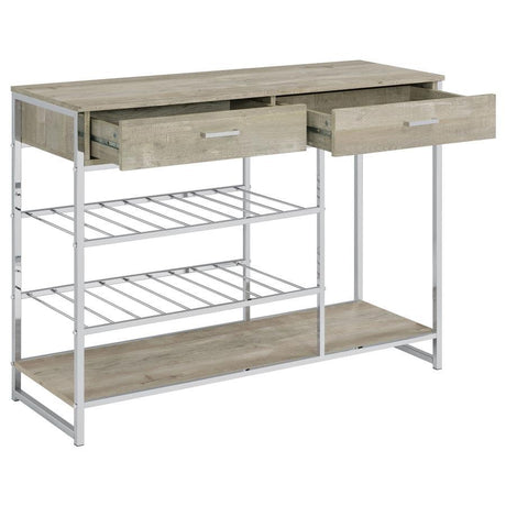 Melrose 2-Drawer Home Bar Storage in Gray – Wine Rack Cabinet with Drawers, Slat Shelves & Minimalist Metal Frame for Organized Entertaining