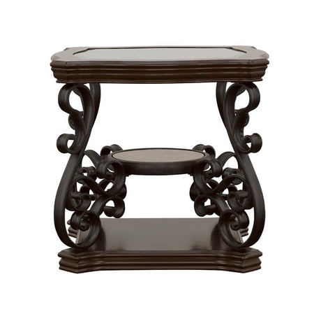 Laney 1-Shelf Glass Top Rectangular End Table – Deep Merlot, Elegant Living Room Accent Table with Scrollwork Metal Legs and Polished Wooden Shelf