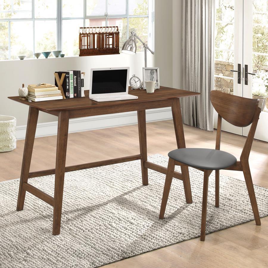 Karri 2-Piece Home Office Computer Desk and Chair Set – Walnut Finish, Mid-Century Modern Desk with Slant Legs and Grey Leatherette Chair