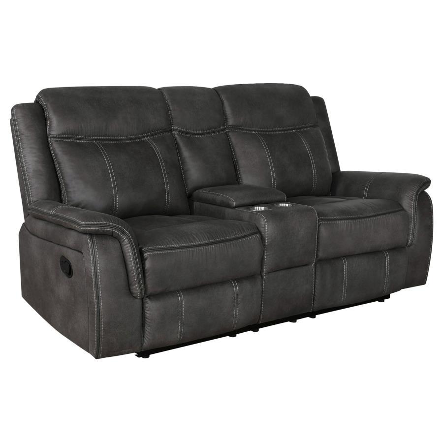 Lawrence - Upholstered Padded Arm Reclining Loveseat with Lift-Top Storage & Stainless Steel Cupholders - Charcoal Microfiber