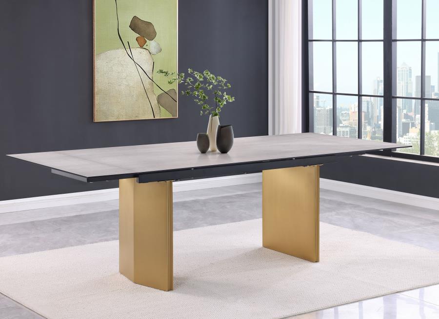 Vesa Glass Top Extension Dining Table – Beige 3D-Printed Design, Brushed Gold Stainless Steel Base, 72.75"W, Expandable with Two 12" Leaves