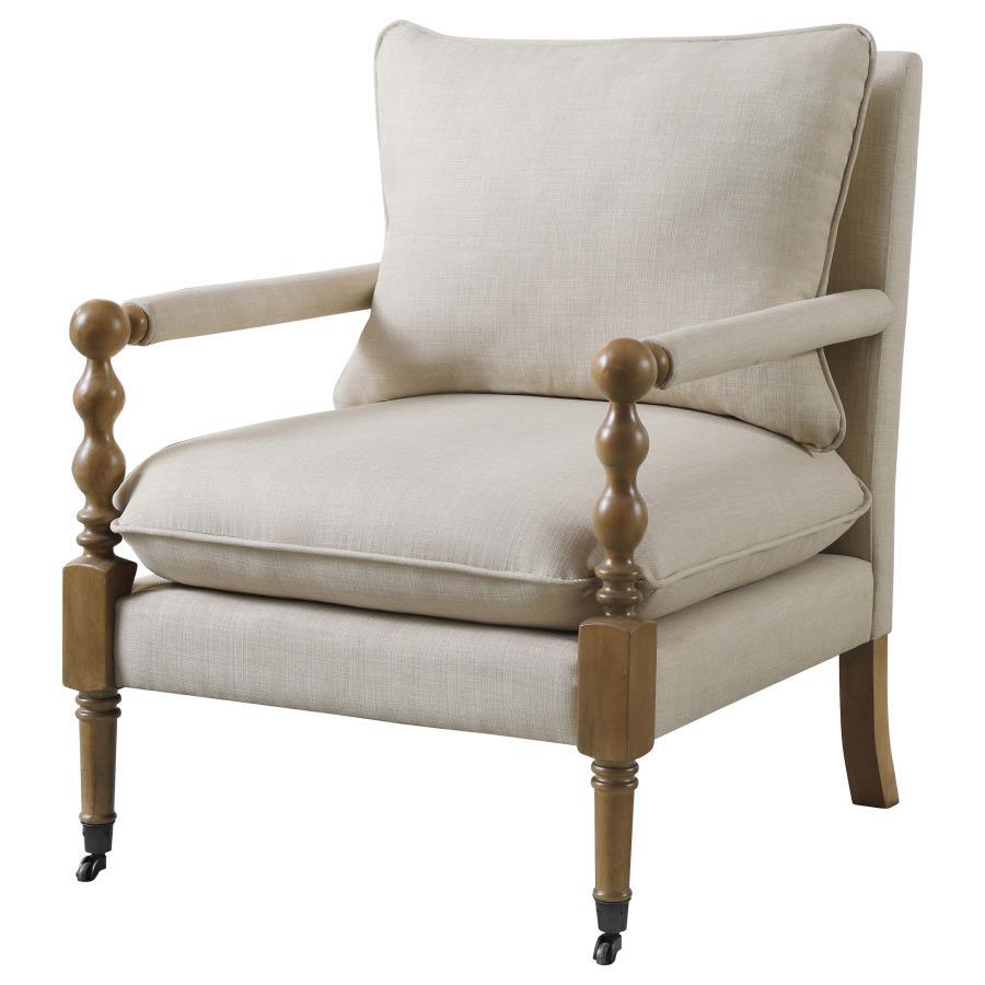 Dempsy - Upholstered Accent Chair with Casters in Beige | Linen-Like Fabric Accent Seating with Plush Cushions and Dark Oak Wood Frame