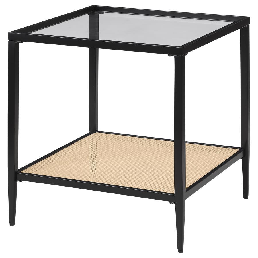 Amherst - Glass Top Metal with Cane Shelf Table