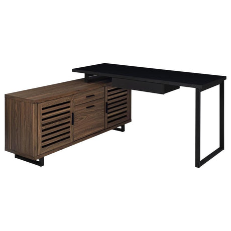 Maddox 60" x 60" L-Shape Office Computer Desk in Black with Storage Credenza, Adjustable Shelves, and Metal Legs – Modern Executive Design