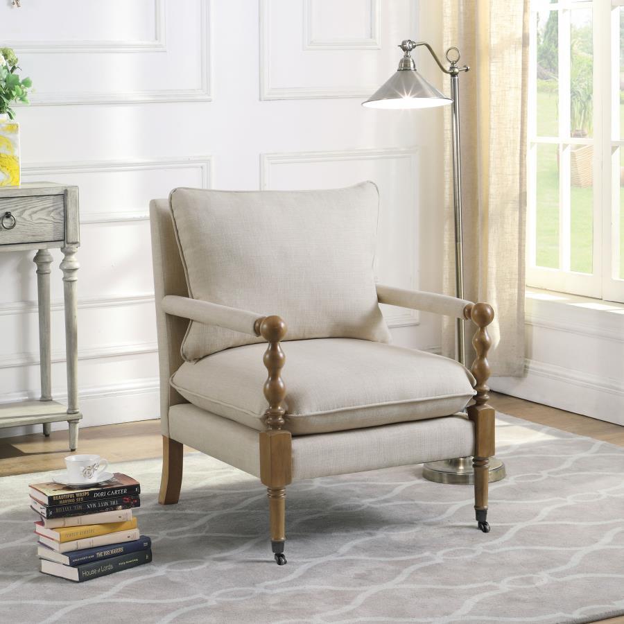 Dempsy - Upholstered Accent Chair with Casters in Beige | Linen-Like Fabric Accent Seating with Plush Cushions and Dark Oak Wood Frame