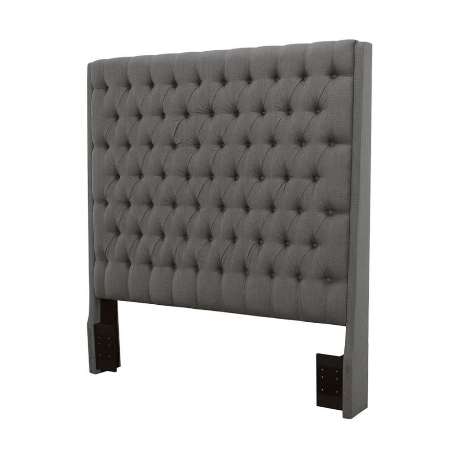 Camille Upholstered Queen Panel Headboard in Gray with Button Tufting, Plush Cushioned Fabric, Straight Silhouette for Modern Bedroom Style