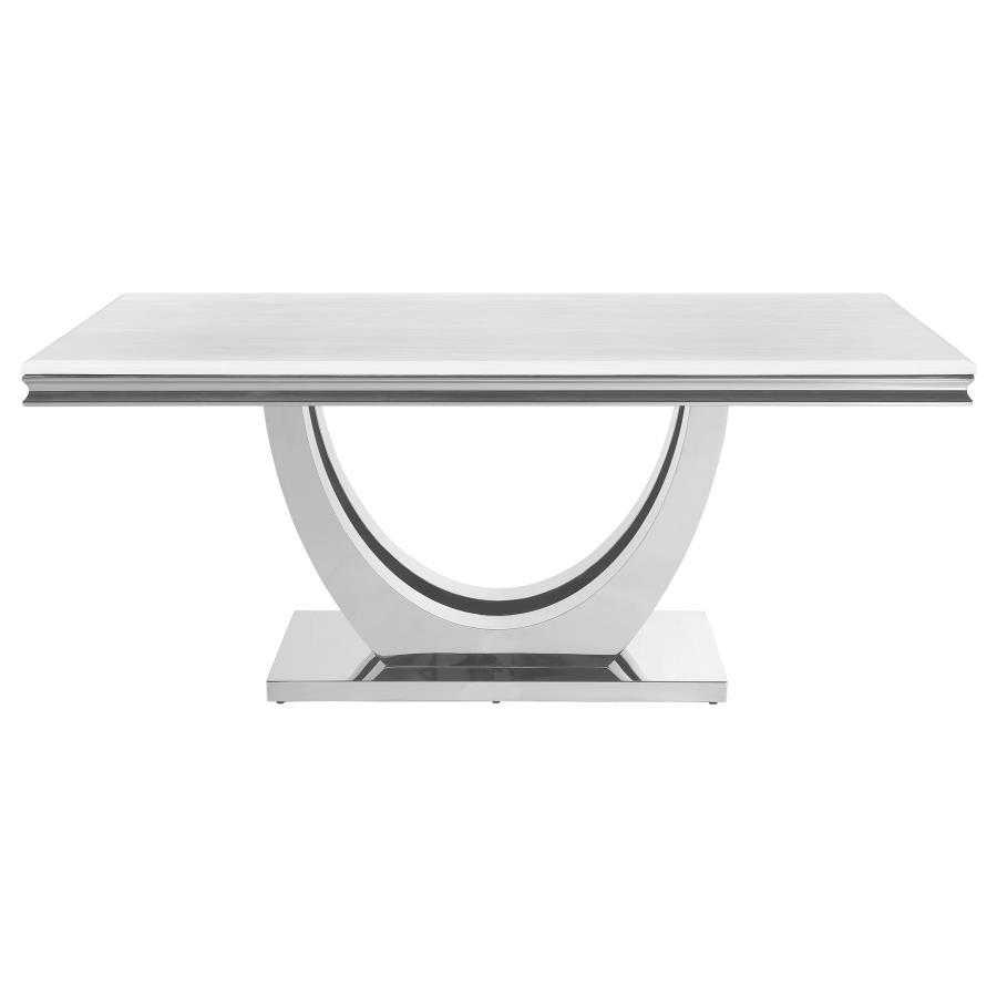 Kerwin Rectangular Stone Top Dining Table – White Marble Paper Top with Beveled Edge, Polished Chrome Pedestal Base, Seats Six, Modern Glam