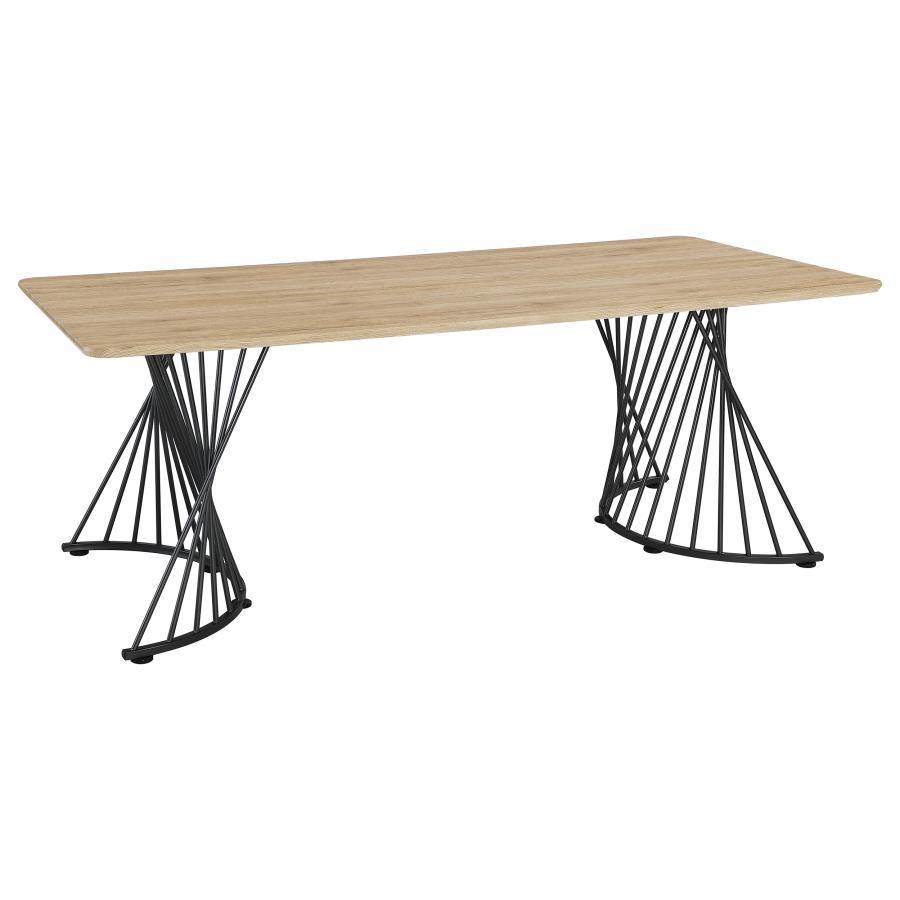 Altus Composite Wood Dining Table – Natural Oak with Twisted Gunmetal Pedestal Bases, Rectangular Rustic Industrial Design, Seats 8