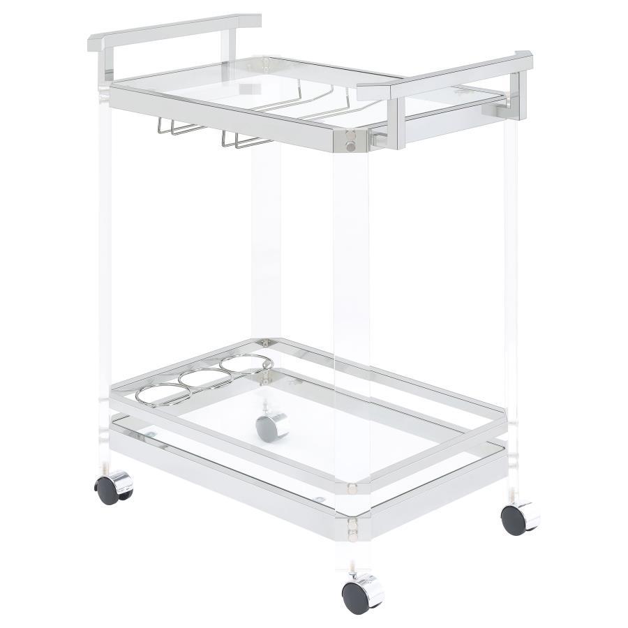 Jefferson 2-Tier Glass Shelf Acrylic Bar Cart – Chrome Finish with Wine Bottle Holder, Stemware Rack & Wheels for Modern Entertaining