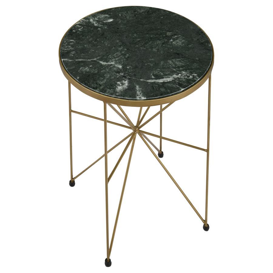 Eliska Round Green Marble Top Accent Side Table with Antique Gold Metal Frame, Slim Geometric Base, Glam Contemporary Living Room Décor