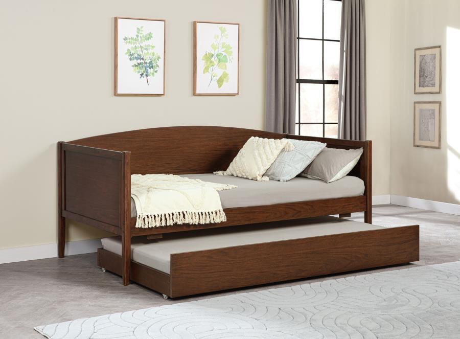 Bozeman Wood Twin Daybed With Trundle – Medium Walnut Finish, Camelback Silhouette, Square Tapered Legs, Durable Hardwood and MDF Construction