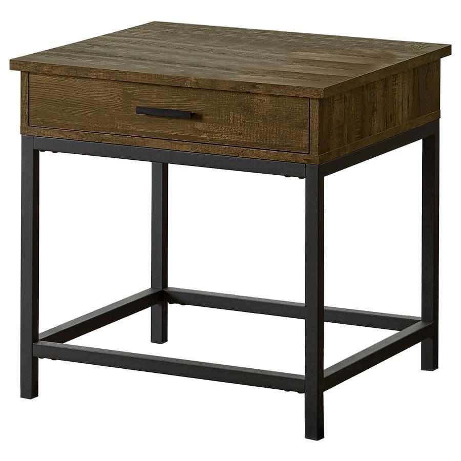 Byers 1-Drawer Square Engineered Wood End Table - Brown Oak with Black Metal Legs, Rustic Modern Design, Compact, Functional Storage and Stylish Accent Piece for Living Room and Bedroom