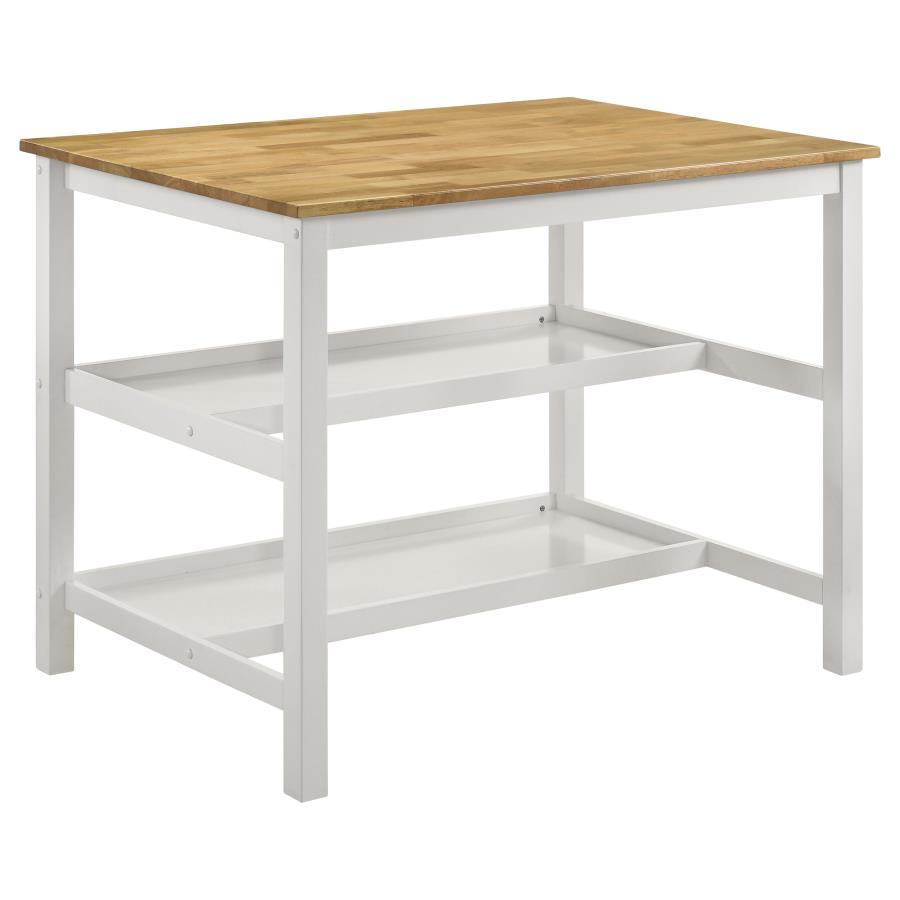 Edgeworth Kitchen Island Counter Height Table – Brown Wood Top & White Metal Base with Two Shelves, Prep Space & Modern Farmhouse Style