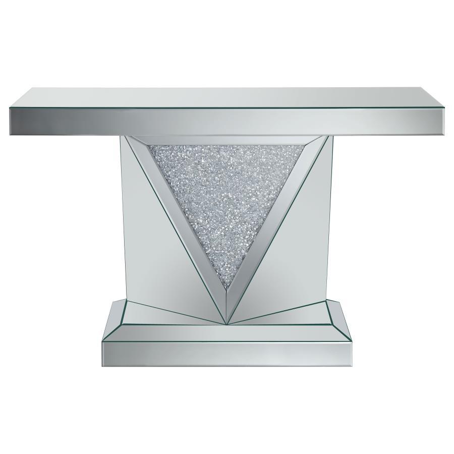 Amore Mirrored Acrylic Entryway Sofa Console Table in Silver – Modern Geometric Design with Crystal Inlay and Reflective Surfaces