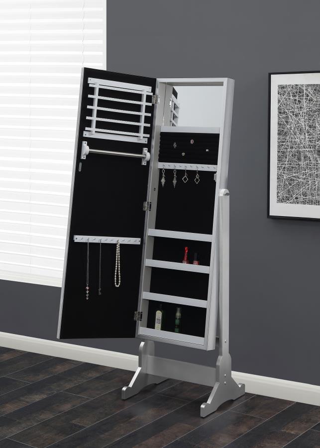 Moore Cheval Mirror with Jewelry Storage – Floor-Length Silver Standing Mirror with LED Lighting, Adjustable Swivel, and Hidden Jewelry Organizer for Bedroom