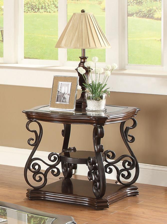 Laney 1-Shelf Glass Top Rectangular End Table – Deep Merlot, Elegant Living Room Accent Table with Scrollwork Metal Legs and Polished Wooden Shelf