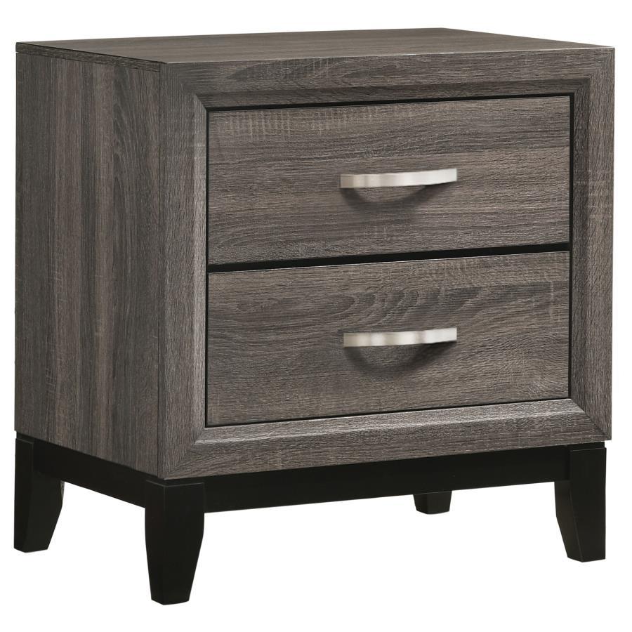 Watson 2-Drawer Nightstand in Gray Oak – Mid-Century Modern Design with Black Tapered Legs, Half-Moon Pulls & Contemporary Color Blocking