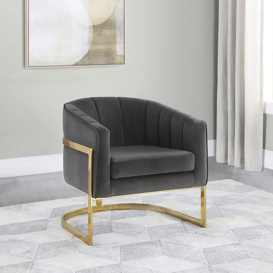 Alamor Upholstered Barrel Back Accent Chair – Dark Gray Velvet Armchair with Vertical Tufting, Gold Metal Frame, Modern Living Room Accent Seating