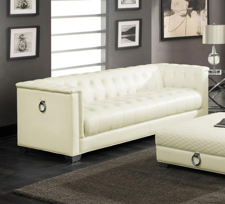 Chaviano Upholstered Track Arm Sofa in Pearl White Leatherette with Chrome Tufted Detailing, Modern Glam Living Room Statement Seating