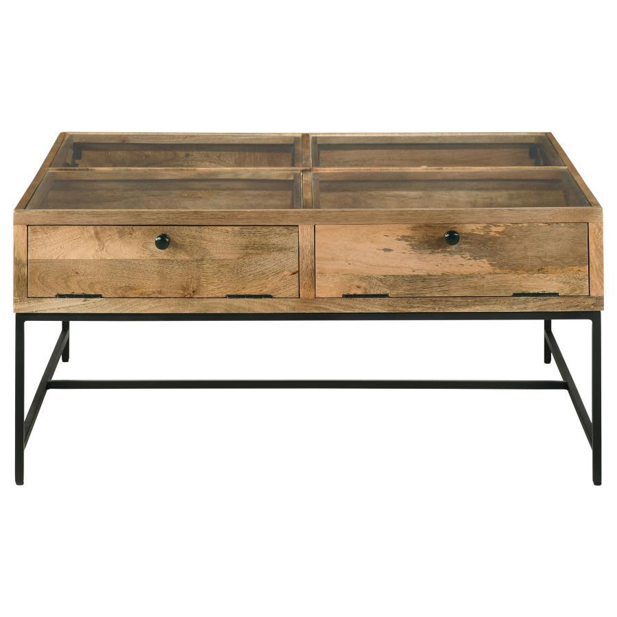 Stephie 4-Drawer Square Glass Top Coffee Table in Honey Brown – Farmhouse Shadowbox Design with Tempered Glass, Mango Wood, Iron Base & Storage