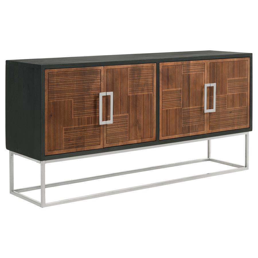 Borman 4-Door Wood Accent Cabinet – Walnut Front Panels with Black Case, Asian-Inspired Design, Iron Frame, Storage Cabinet for Dining Room & Living Room
