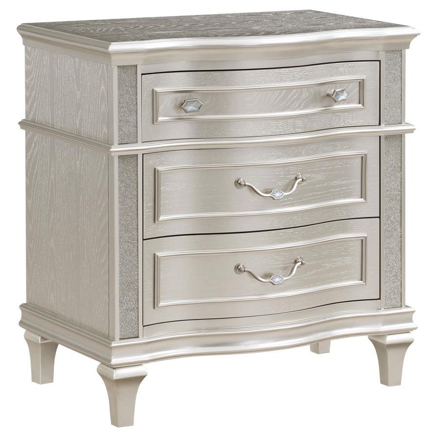 Evangeline 3-Drawer Nightstand – Silver Oak Wood Frame with Glam Metal Accents, Felt-Lined Drawer & Hidden USB Charging Outlet
