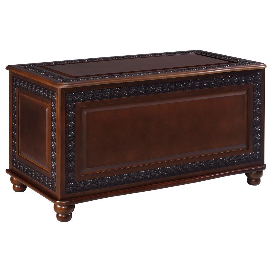 Finlay Cedar Chest in Dark Tobacco – Traditional Solid Rubberwood Storage Chest with Cedar-Lined Interior, Carved Details, and Turned Feet