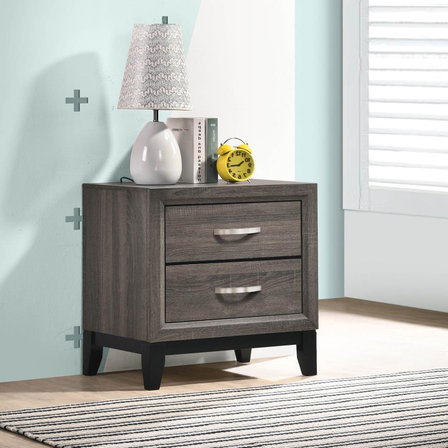 Watson 2-Drawer Nightstand in Gray Oak – Mid-Century Modern Design with Black Tapered Legs, Half-Moon Pulls & Contemporary Color Blocking