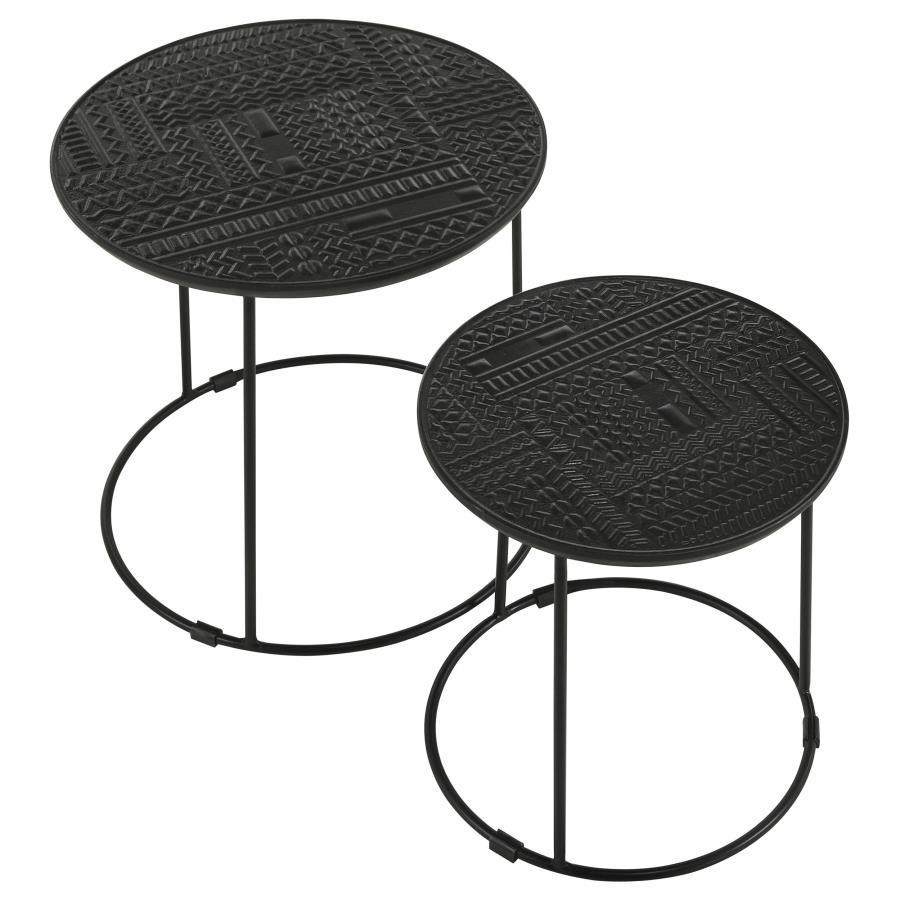 Loannis 2-Piece Round Mango Wood Nesting Tables – Matte Black Metal Base, Tribal Embossed Tabletops, Space-Saving Rustic Modern Accent Set